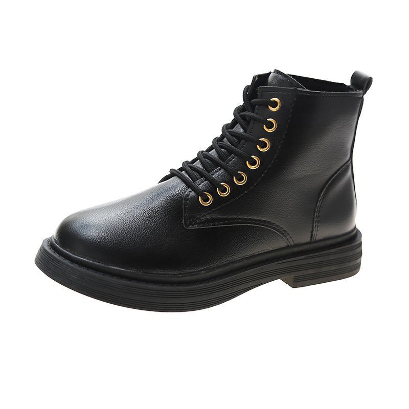 Bốt Boot Nữ Da Lì Khuy Xỏ Lỗ Vàng Dây Buộc Trước Nổi Bật Đế Bằng Mới (BT23)