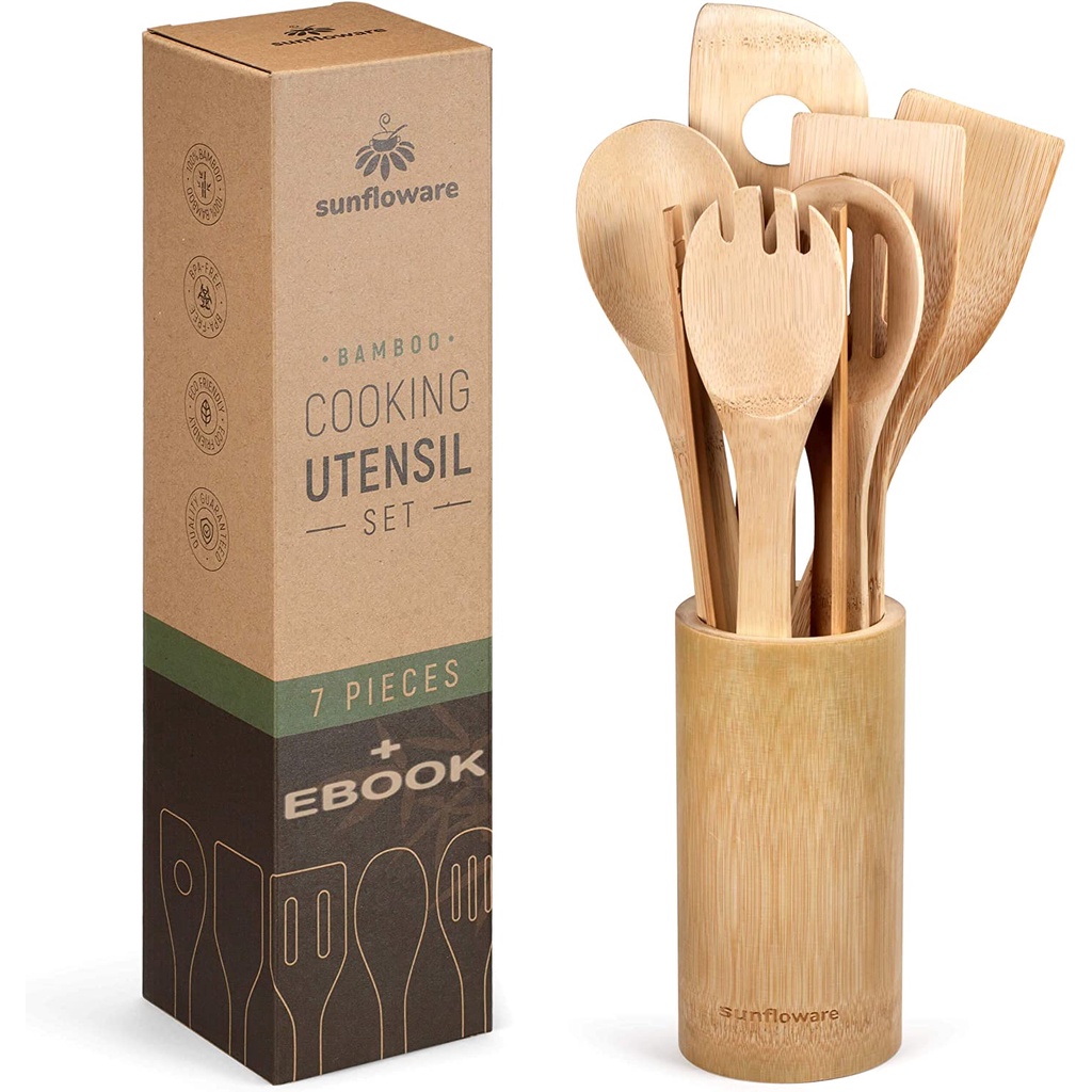 BỘ BẾP TRE 7 MÓN 35CM TIỆN ÍCH BỘ DỤNG CỤ LÀM NẤU GỖ [ SPATULA SPOON NONSTICK COOKWARE MIXING FORKED AND SLOTTED SPOONS