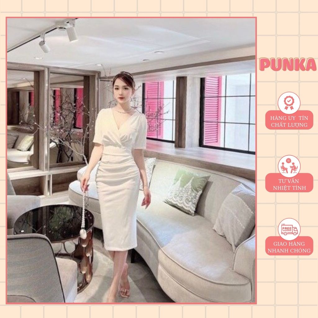 Váy trắng dự tiệc thiết kế cổ chéo tôn dáng chất liệu umi Hàn cao cấp
