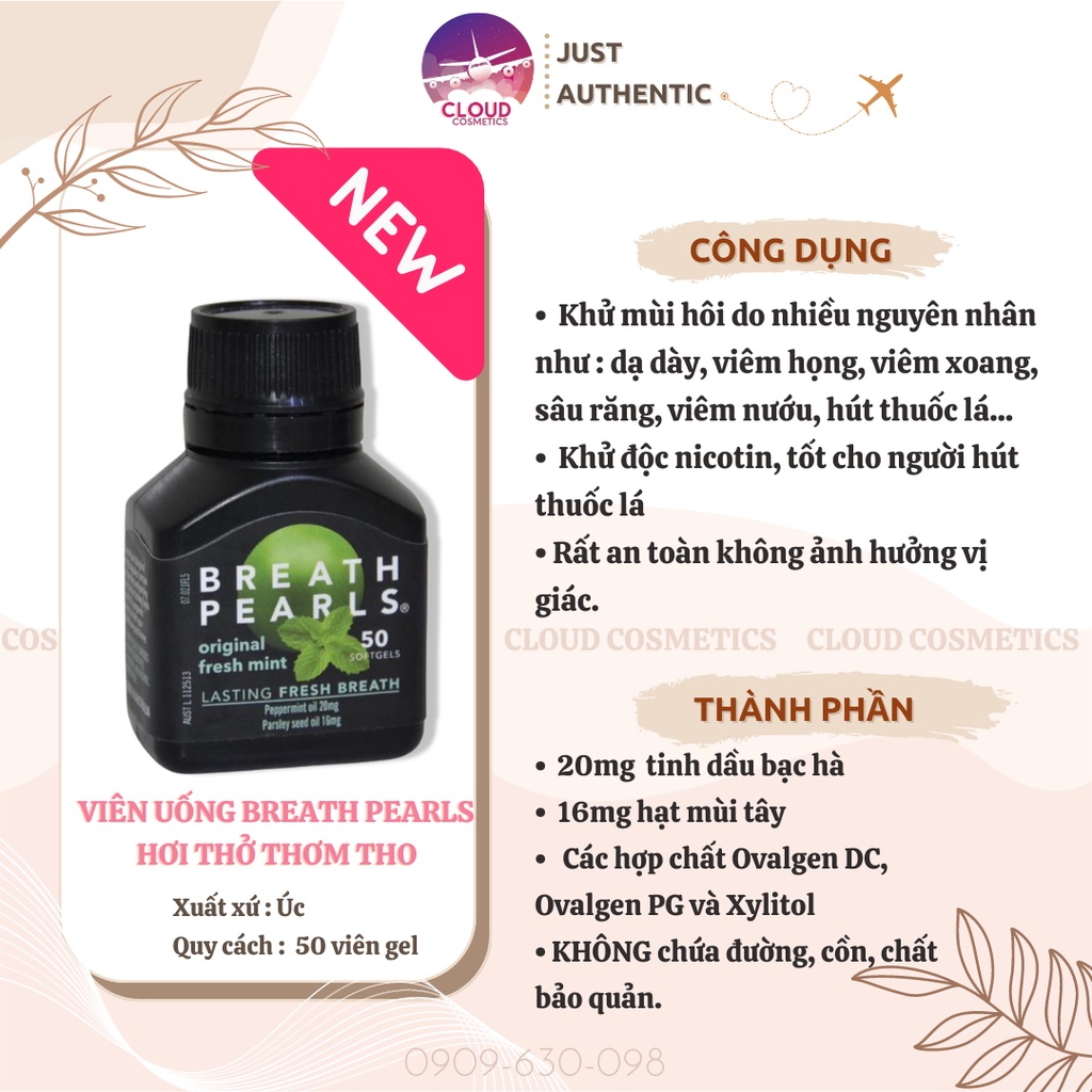 Viên Giúp Thơm Miệng &amp; Hơi Thở Breath Pearls - Úc Hộp 50 viên