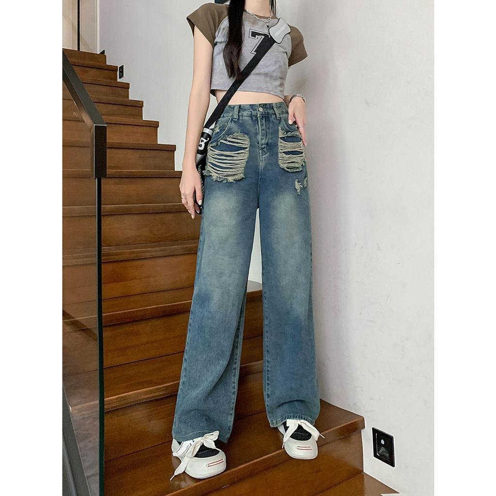 Ethelgirl Quần Jean Nữ Ống Rộng Lưng Cao Phong Cách Cổ Điển Mỹ