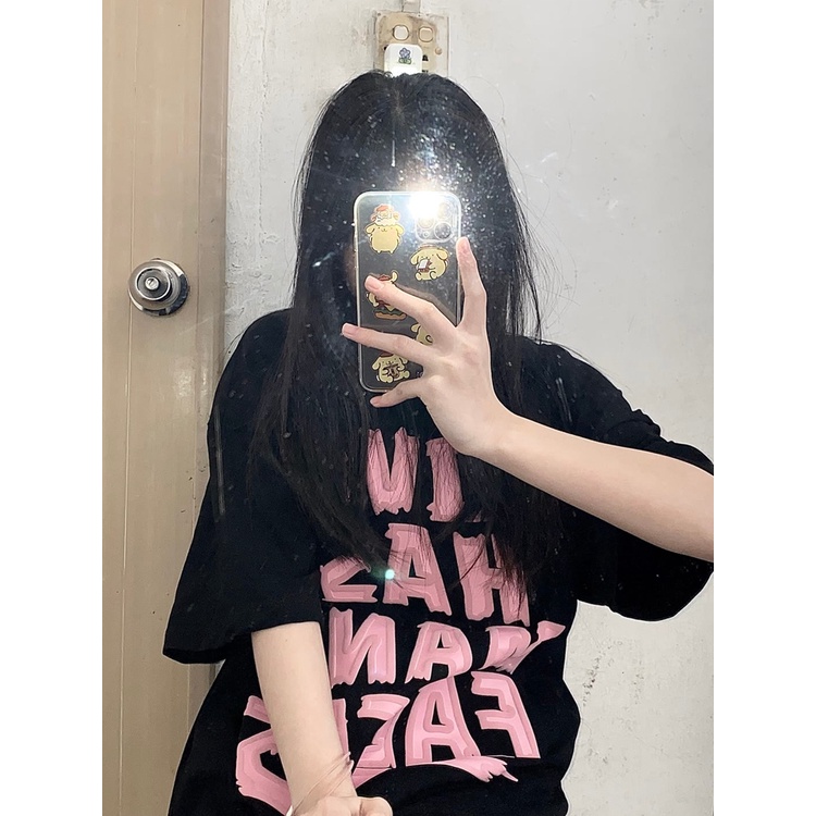 Áo Thun Nữ Ngắn Tay Màu Đen In Chữ Phong Cách Retro Mỹ