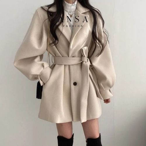 Áo khoác dạ nữ tay bồng có dây đai bụng, phong cách retro
