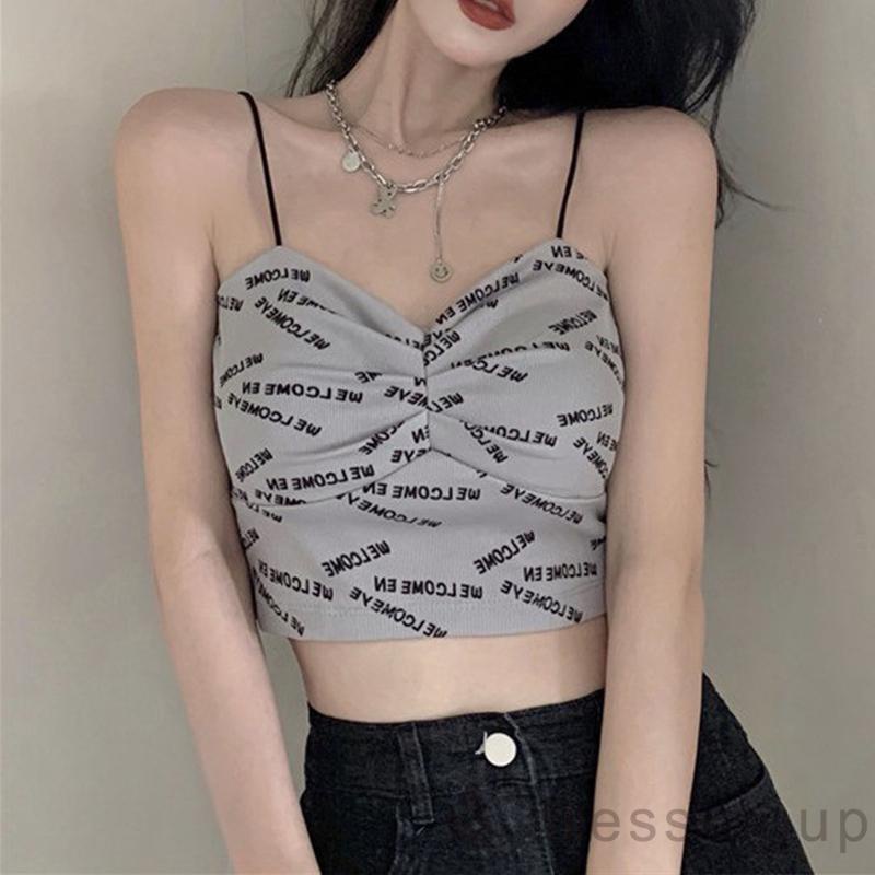 Áo croptop 2 dây cổ chữ V in họa tiết chữ quyến rũ cho nữ