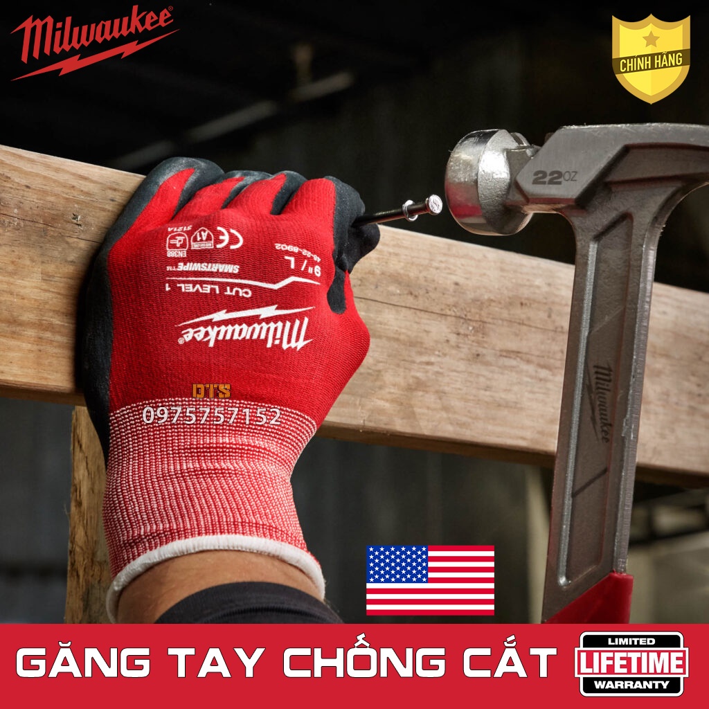 Găng tay chống cắt Milwaukee cấp độ 1 phủ PU Găng chống cắt, chống mài mòn, xé rách đâm xuyên, sử dụng được điện thoại