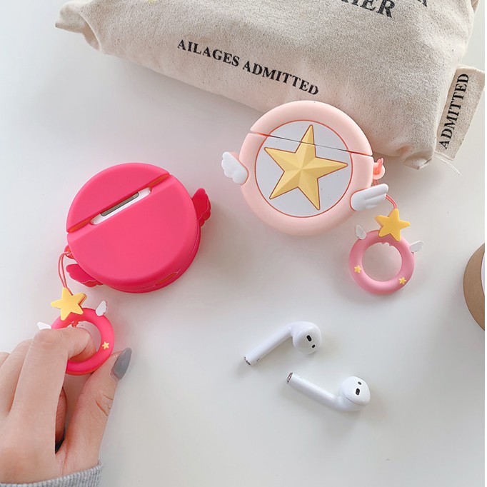 Lilyrose Store/ #Pink Star Airpods Case Sailor #oon Pentagram Airpods 1/2 Case Bluetooth Headset Anti-fall Silicone Soft Protection Case Headset Case With Lanyard