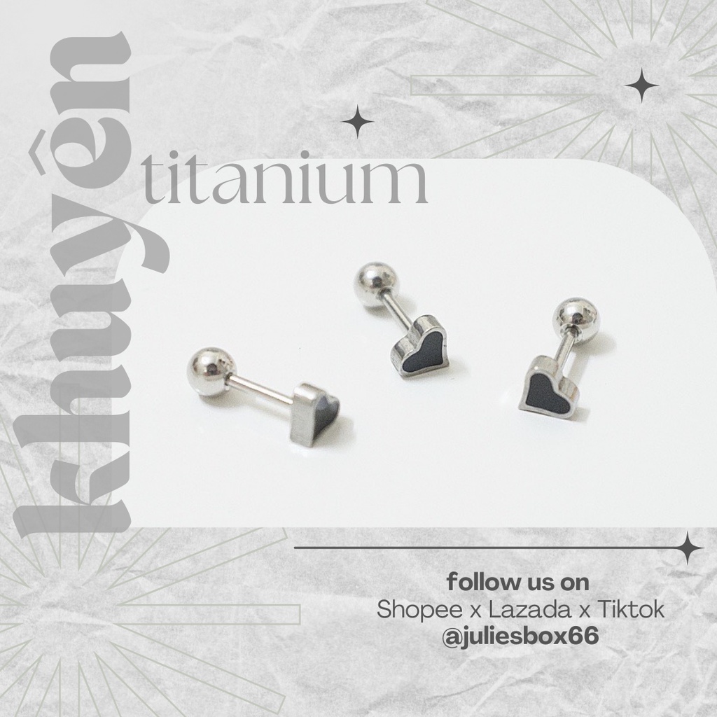 Khuyên Tai Xỏ Nam Nữ Hình Trái Tim Nền Đen Đuôi Bi Đeo 2 Đầu Unisex Titan Thép Y Tế Không Đen Không Ngứa Không Dị Ứng
