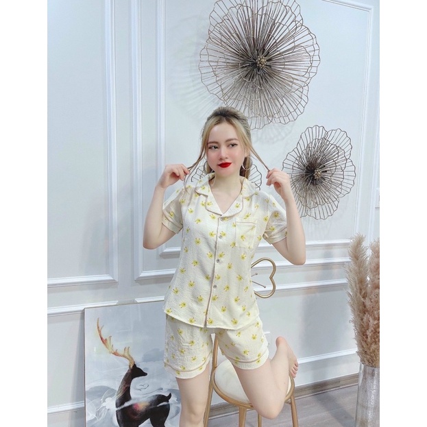 Bộ pijamas chất đũi hoạ tiết nhiều hình mặc nhà, Đồ ngủ xinh quần đùi áo cộc mặc mát cho mùa hè