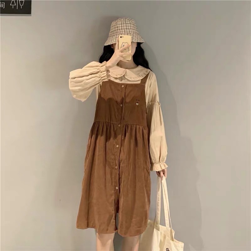 Set Yếm Nhung Và Áo Sơ Mi Cổ Sen Lolita Ullzzang