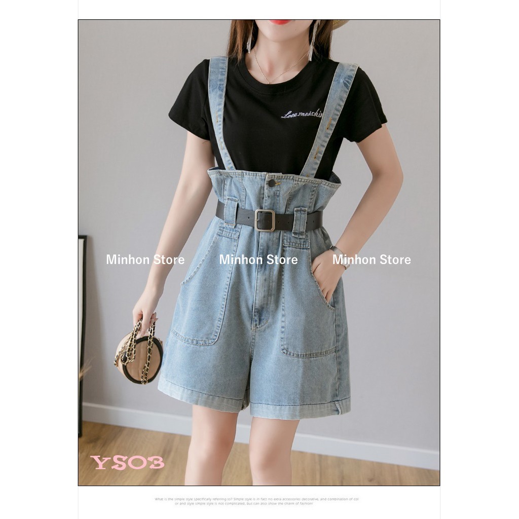 [Sẵn - Thắt Lưng] Quần Yếm, Quần Short Yếm Jean Nữ 2 Dây ĐỈA BẢN TO Ống Rộng (Minhon Store YS03)