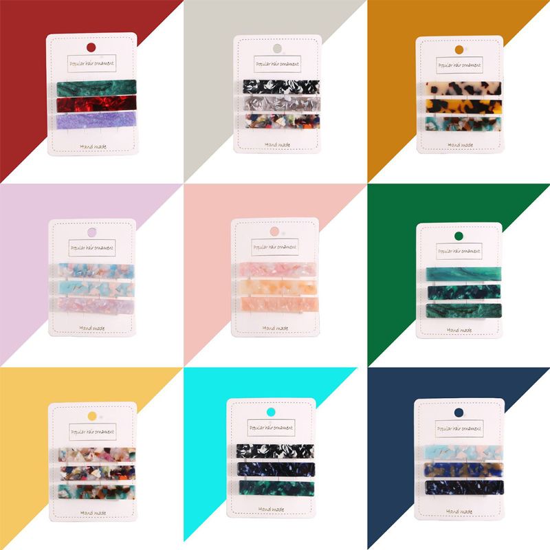 Set 3 Kẹp Mỏ Vịt Hình Chữ Nhật Bằng Acrylic Họa Tiết Vân Đá Cẩm Thạch Nhiều Màu Kiểu Vintage Cho Nữ