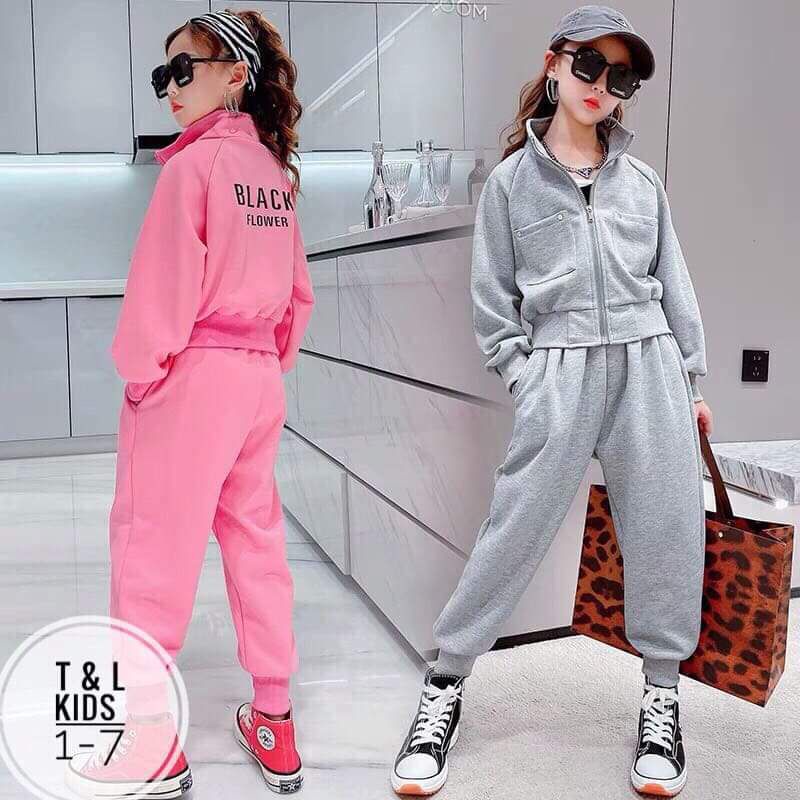 Bộ thể thao thu đông bé gái chất da cá tàu loại 1 - Bộ dài tay khóa kéo bo gấu