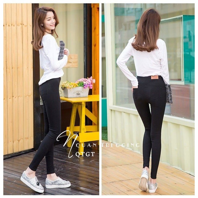 Quần tregging nữ dài dáng thun ôm bó legging skinny vải co giãn màu đen