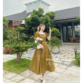 váy nhún ngực cổ vuông