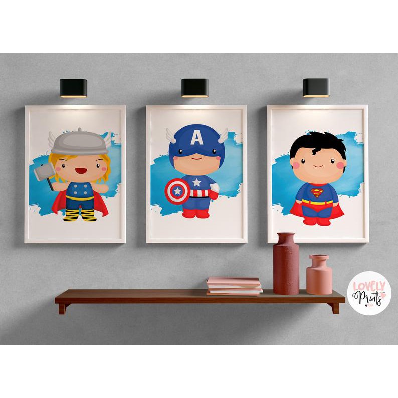 Bộ Tranh Các Siêu Anh Hùng Thor, Captain America, Superman Cực Kỳ Dễ Thương-Tranh Canvas Decor Phòng Ngủ Cho Bé