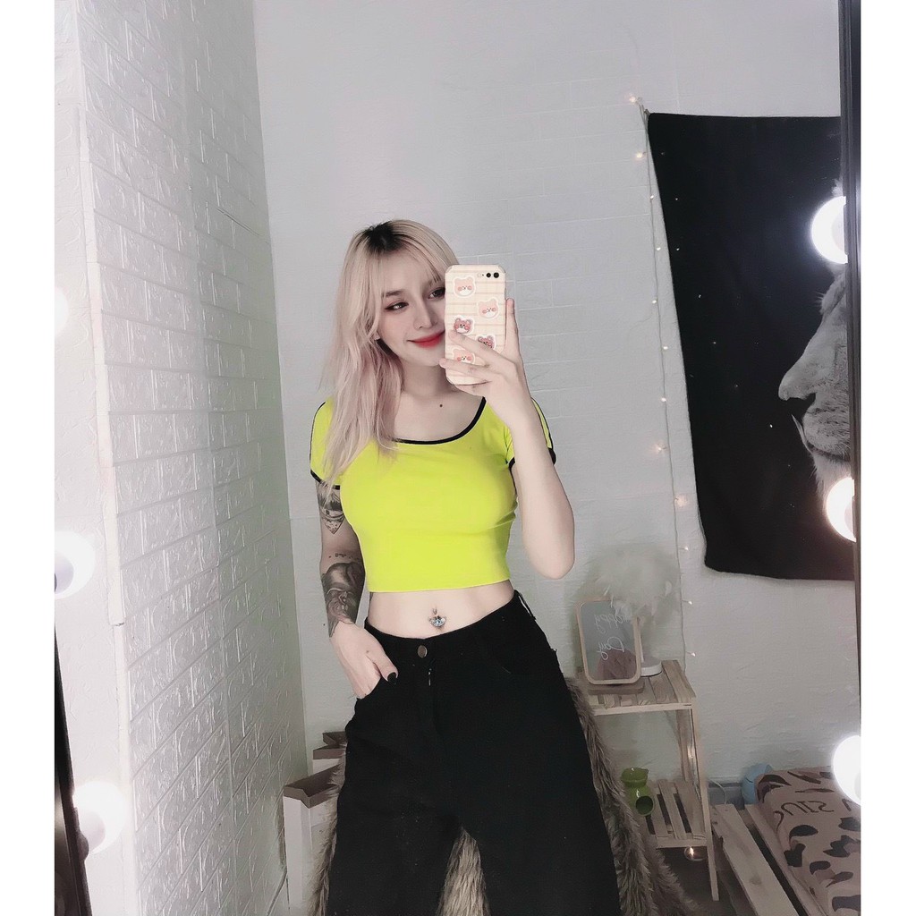 Áo kiểu croptop trơn viền cổ tay màu cực xinh , chất thun bozip mềm mịn ( ảnh thật )