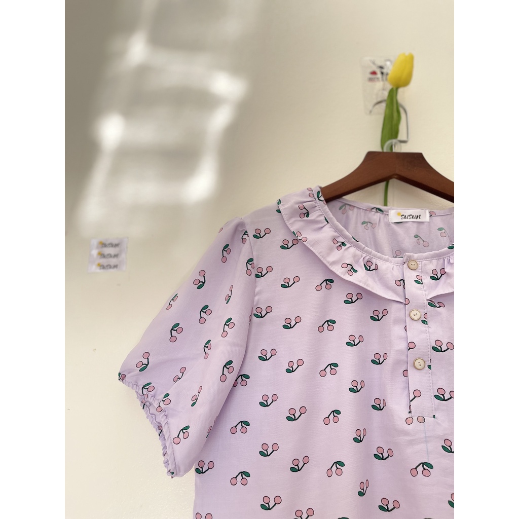 Váy ngủ Pijama nữ cổ bèo mặc nhà họa tiết dễ thương, set váy ngủ chất đũi mát họa tiết cao cấp Hàn Quốc