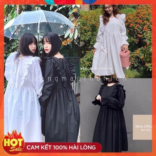 Váy babydoll tiểu thư phối bèo trước và sau Ulzzang/ Váy Babydoll Trắng Xinh Xắn Dạo Phố Cute