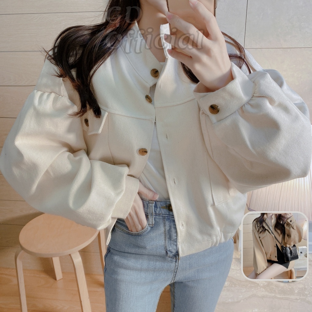 AK38|Áo khoác cổ tròn nữ croptop rộng ngắn dài tay kaki trơn túi nâu lớp dày nỉ phao dạ len ấm vest gió lông GD Official