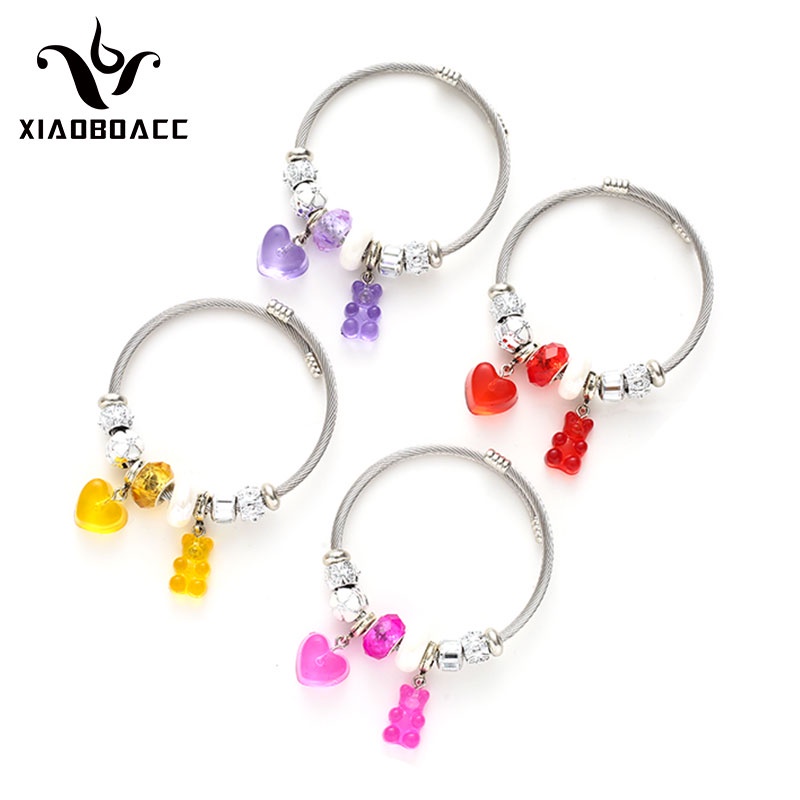 Vòng tay chuỗi hạt XIAOBOACC bằng thép không gỉ màu thạch phối mặt hình gấu thời trang cho nữ