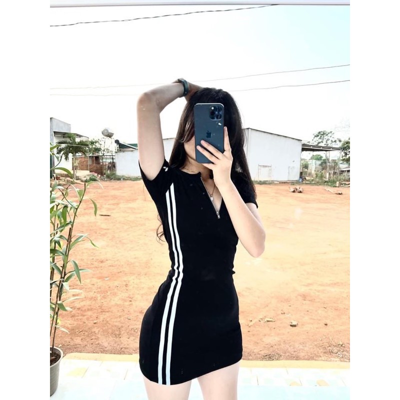 ĐẦM BODY TAY NGẮN dây kéo + phối sọc 2 bên bao tôn dáng che khuyết điểm siu hot (ảnh thật mẫu mặc 100%)