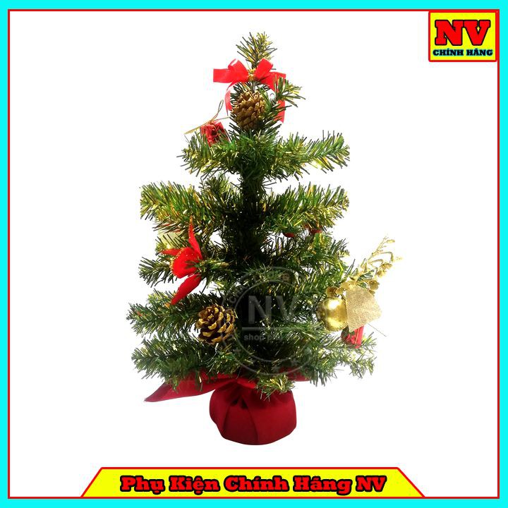 Cây Thông Noel Để Bàn Màu Trắng Và Xanh Đế Nhựa Bọc Vải Đỏ