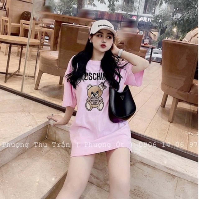 Áo phông gấu hồng MCN, Áo thun cổ tròn ngắn tay form rộng dáng dấu quần AP149A - NhiNhi Shop