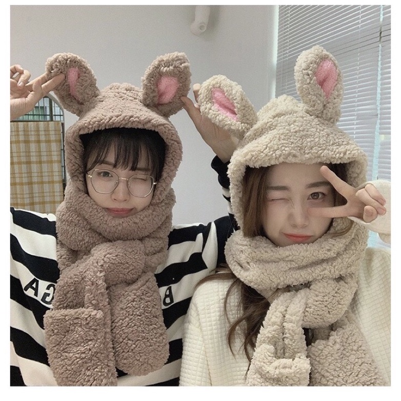 Bộ khăn kèm mũ, găng tay hình gấu thỏ cute nhiều màu/ sưt khăn mũ 3 in 1