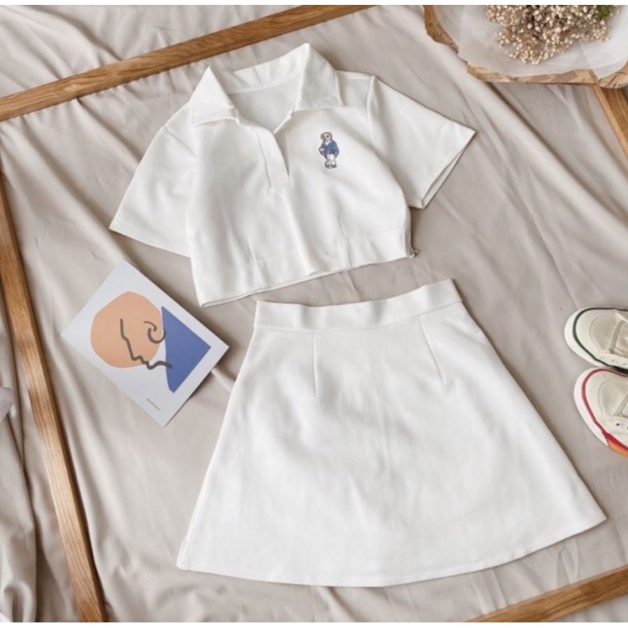 Set áo Croptop Polo Chân Váy Thêu Hình Gấu( kèm ảnh thật shop chụp)