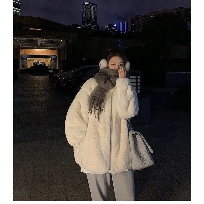 Áo khoác lông thỏ unisex form rộng thụng mềm mịn 2 lớp dày dặn ấm áp màu trắng trơn phong cách Hàn Quốc
