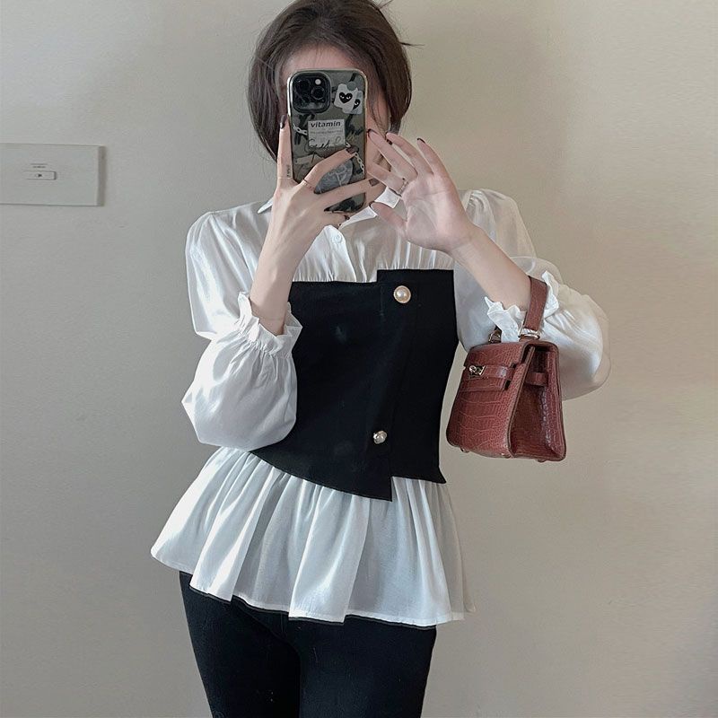 Áo Sơ Mi Kiểu Mix Niche Pháp Tay Xòe Cách Điệu Xuân Hạ Thu Đông