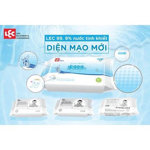 Khăn giấy ướt LEC 99,9% nước tinh khiết Nhật Bản gói 80 tờ (có combo 3 gói)