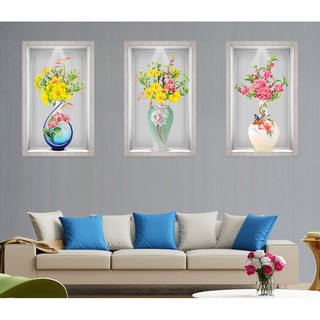 Tranh dán tường VTC bộ 3 binh hoa mai đào Binh_3D_018 kim sa