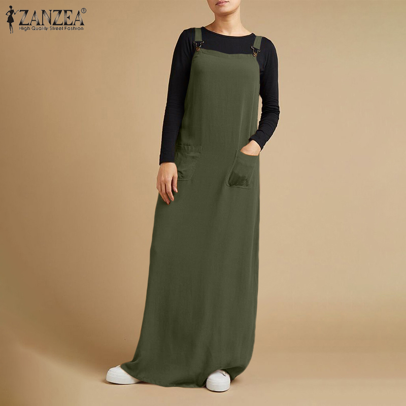 Đầm Maxi ZANZEA Hai Dây Dáng Rộng Cổ Vuông Màu Trơn Thời Trang Cho Nữ