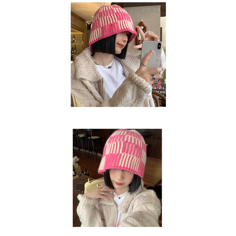 Mũ Bucket Len Dệt Kim Sọc Ca Rô Thời Trang Thu Đông Phong Cách Nhật Bản Dành Cho Nữ