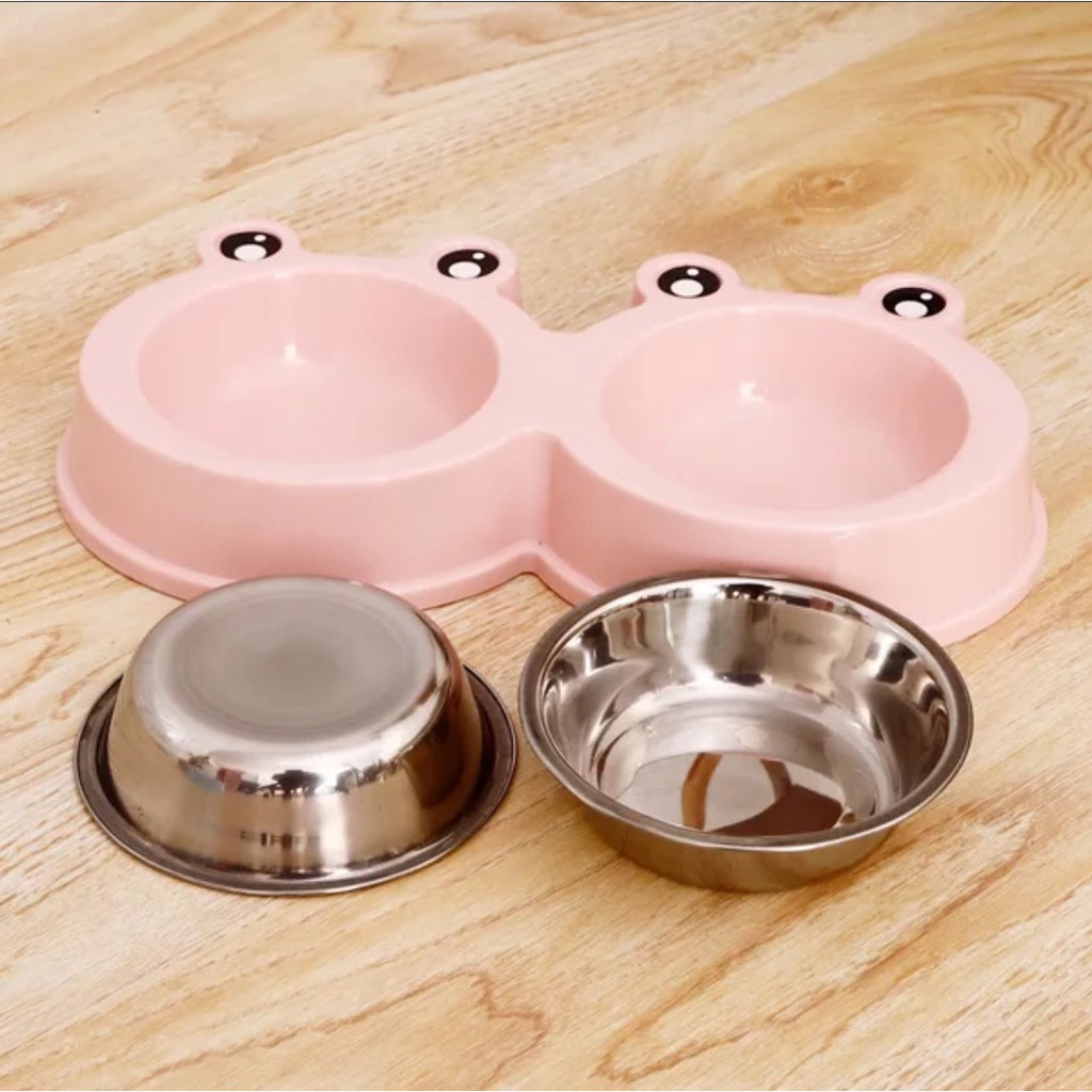 Bát Đôi Nhựa Lõi Inox Hình Mặt Ếch Xinh Xắn Cho Chó Mèo