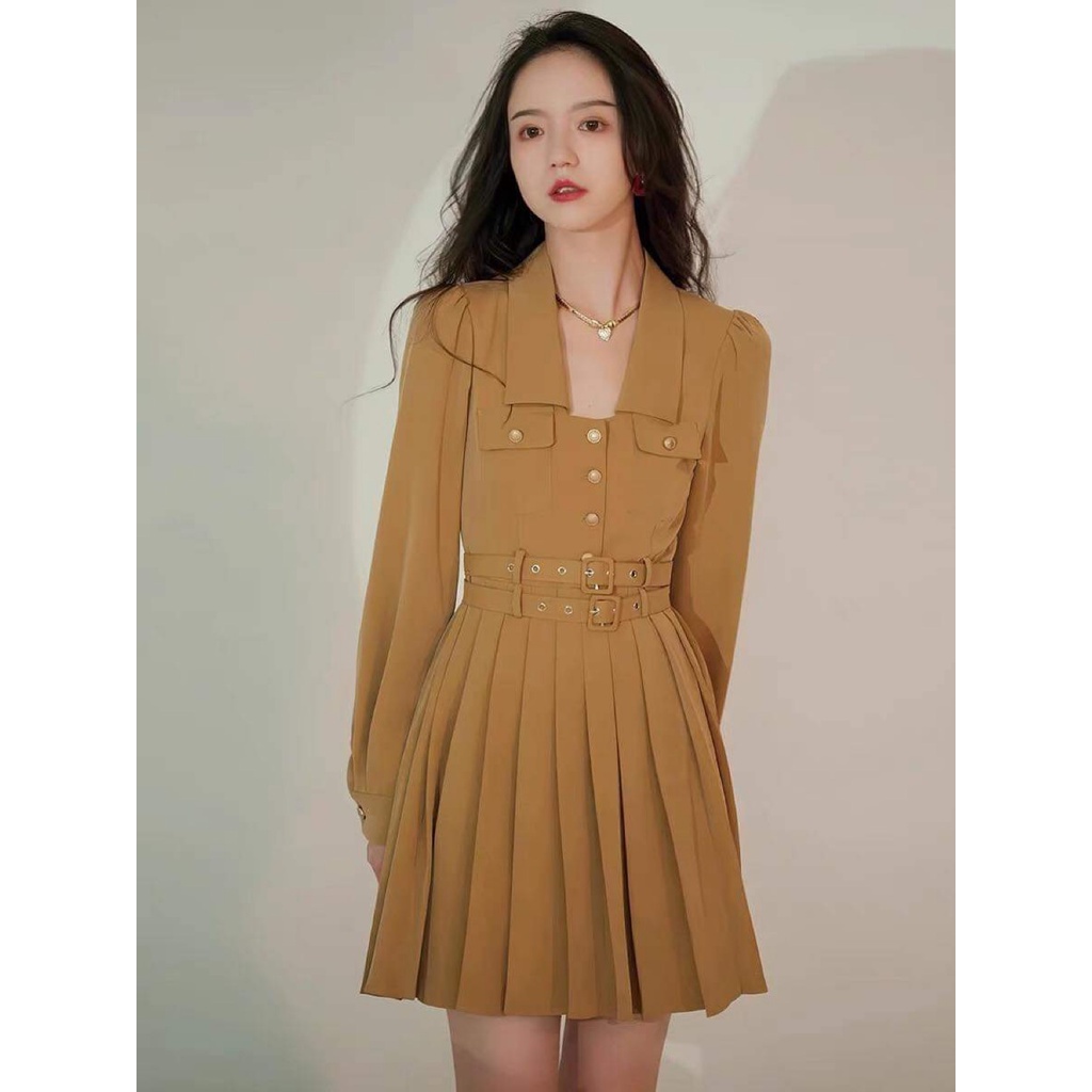 Váy nâu dáng xếp li ngắn cổ bẻ phối túi vuông Jose size SMLXL hàng thiết kế cao cấp- YAM Mini Store