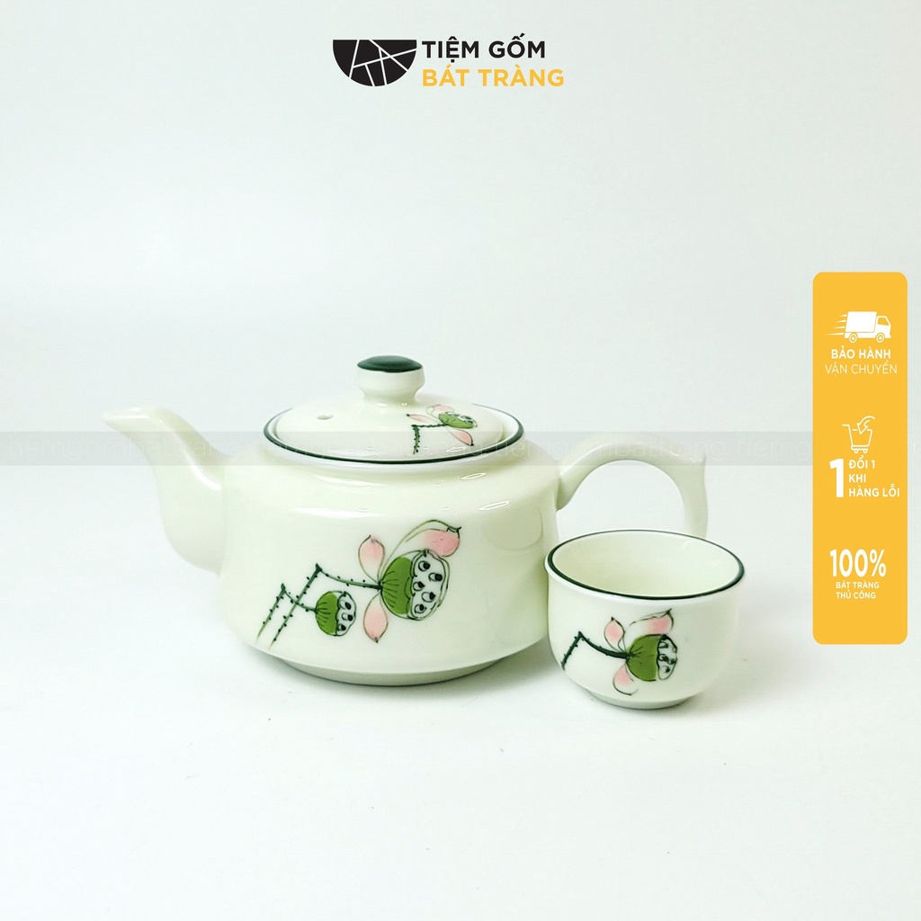 Bộ Ấm Trà Men Kem Hoạ Tiết Vẽ Tay Sen Xanh Hoa Đào Tách Trà Chén Sứ Bát Tràng Cao Cấp Nhiều Mẫu
