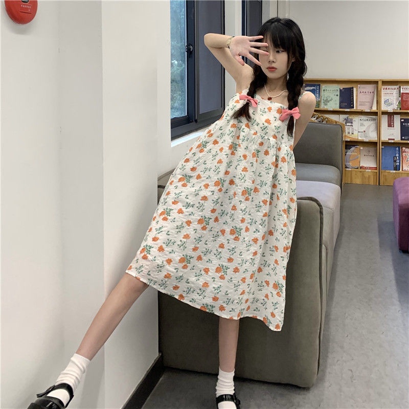 Đầm hai dây dáng rộng họa tiết hoa phong cách Nhật Bản thời trang xinh xắn cho nữ