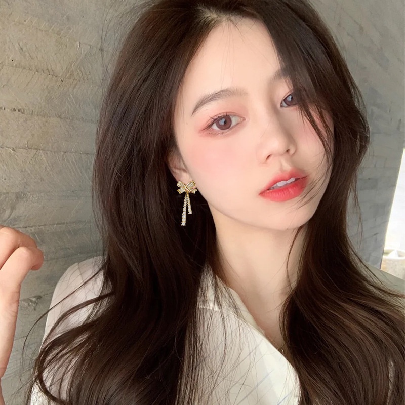 Bông Tai Mạ Bạc 925 Hình Nơ Tua Rua Đính Đá Thời Trang Hàn Quốc Cho Nữ