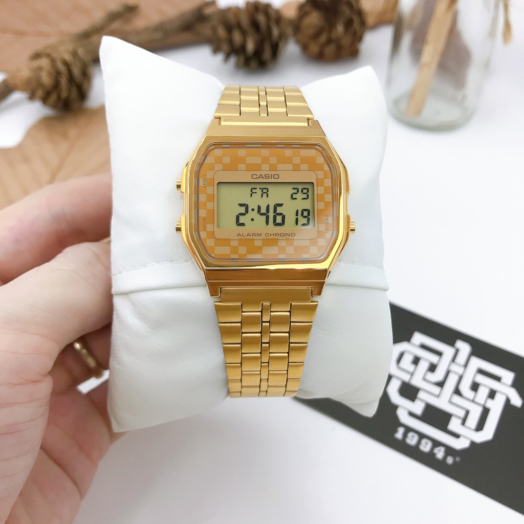 Đồng hồ nam/nữ Casio A159 / A159WGEA-9A dây thép không gỉ, chống nước 50m, size 33.2mm, hàng chính hãng