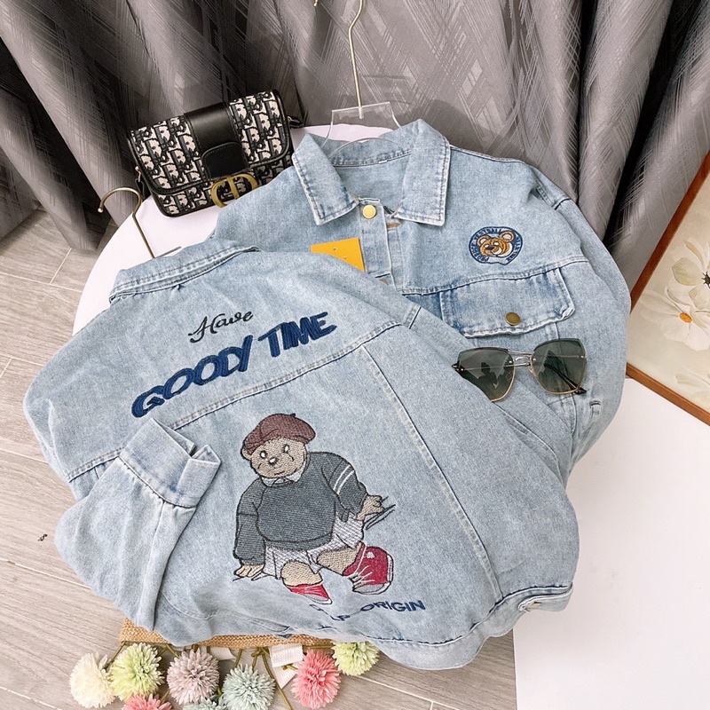 Áo Khoác Jeans Bò Thêu Gấu Dáng Thụng