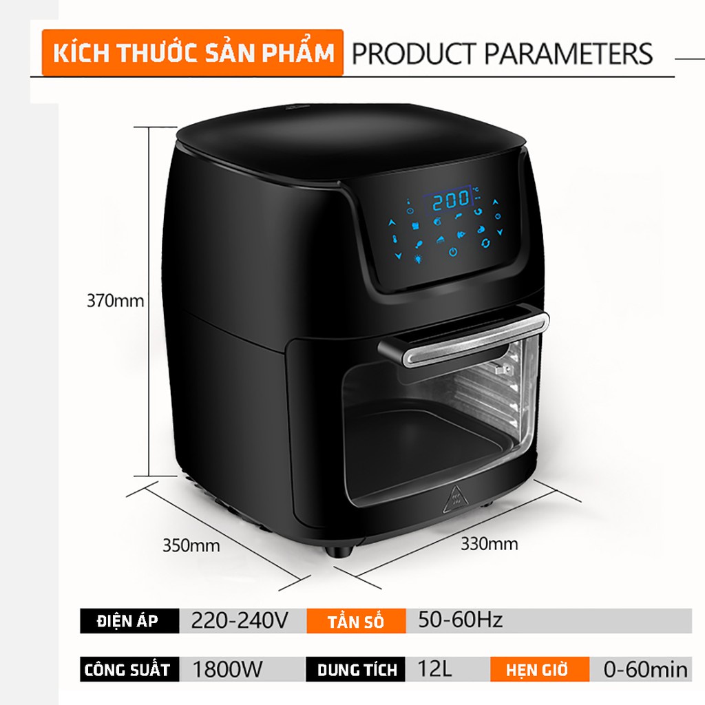 Nồi chiên không dầu công suất 1800W dung tích 12L, thiết kế sang trong, đồ dùng không thể thiếu trong bếp