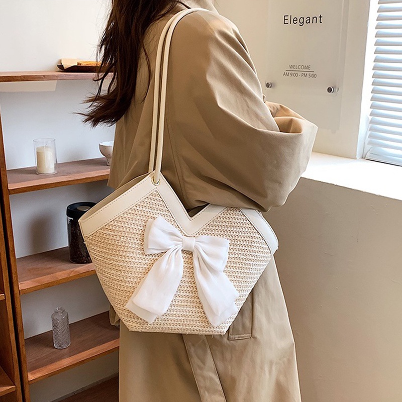 Túi đeo vai Ielgy đan sợi đính nơ sức chứa lớn thời trang cho nữ