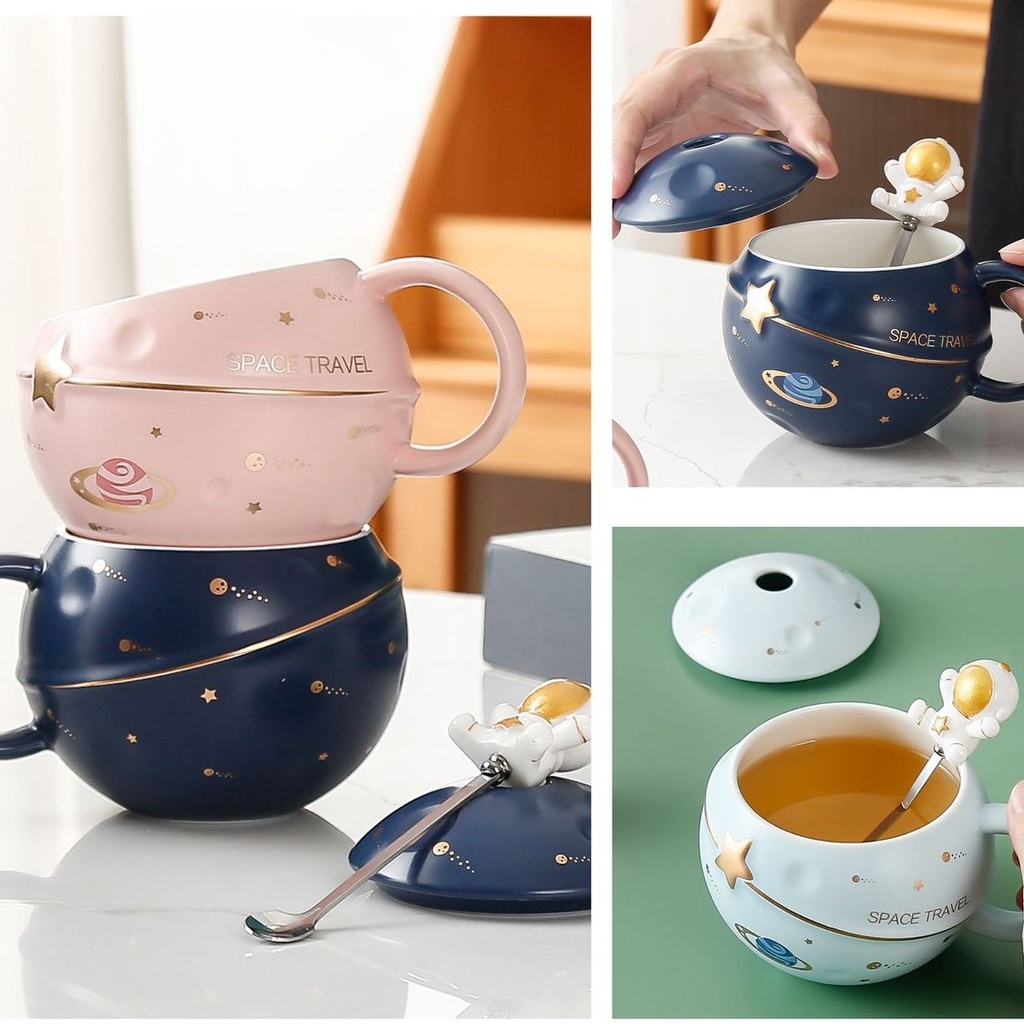 [Hàng sẵn] Cốc - Ly hành tinh chạm nổi - Có tượng phi hành gia trên đầu muỗng - Cốc có nắp và muỗng kèm hộp