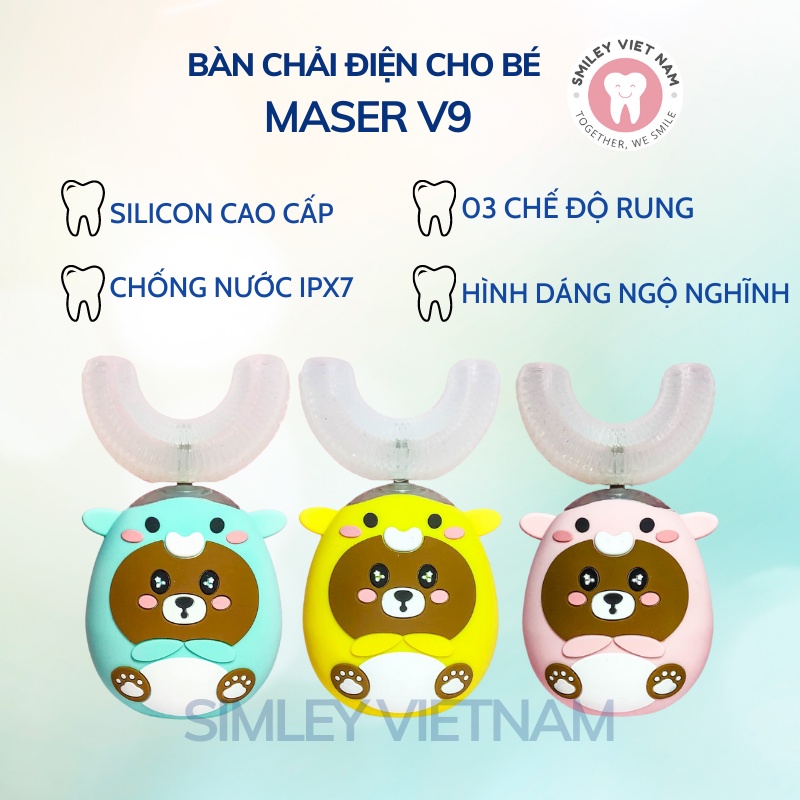 Bàn chải điện cho bé Maser V9, Bàn chải đánh răng cho bé đầu chữ U - Công nghệ Đức giúp bé chăm sóc răng miệng tự động