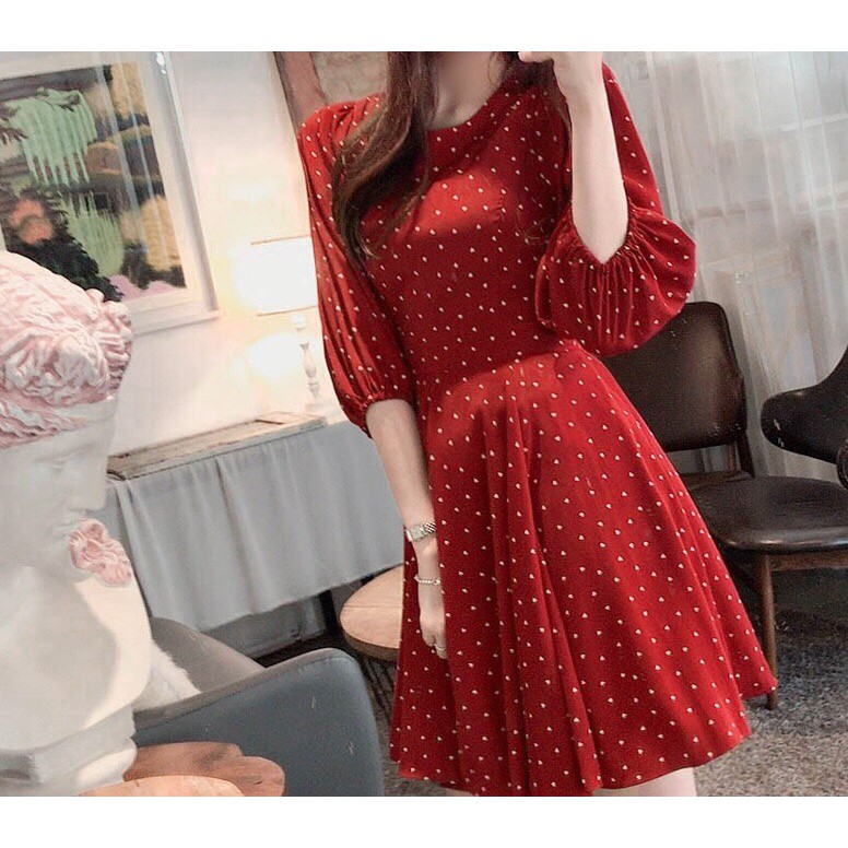 Đầm đỏ dáng xòe chấm bi buộc eo MS288