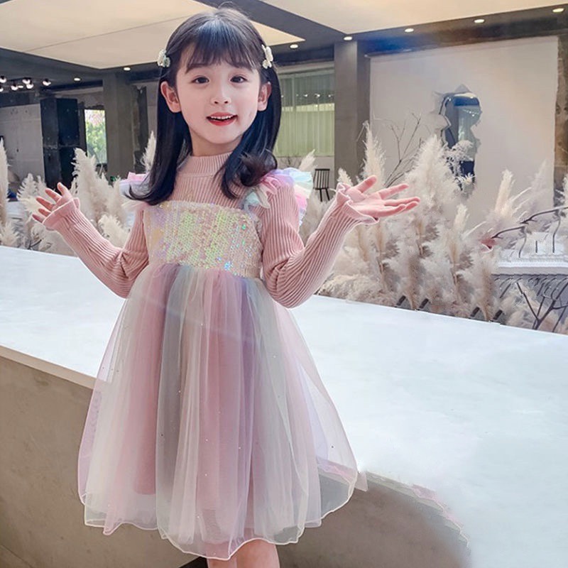 Váy len dài tay cầu vồng nhiều màu cho bé gái (Cao 90-140cm, nặng 10-30kg) N01019