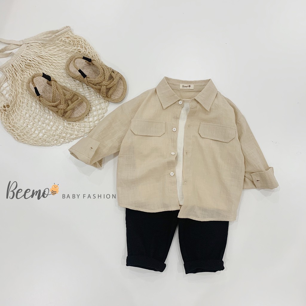 Set sơ mi cho bé - Chất liệu cotton mềm mịn, màu áo nâu kết hợp cùng quần đen vô cùng bảnh trai B087