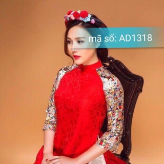 Có 4XL - Áo dài cách tân gấm 2 tà cổ đứng màu đỏ ( không kèm quần, không kèm mấn)